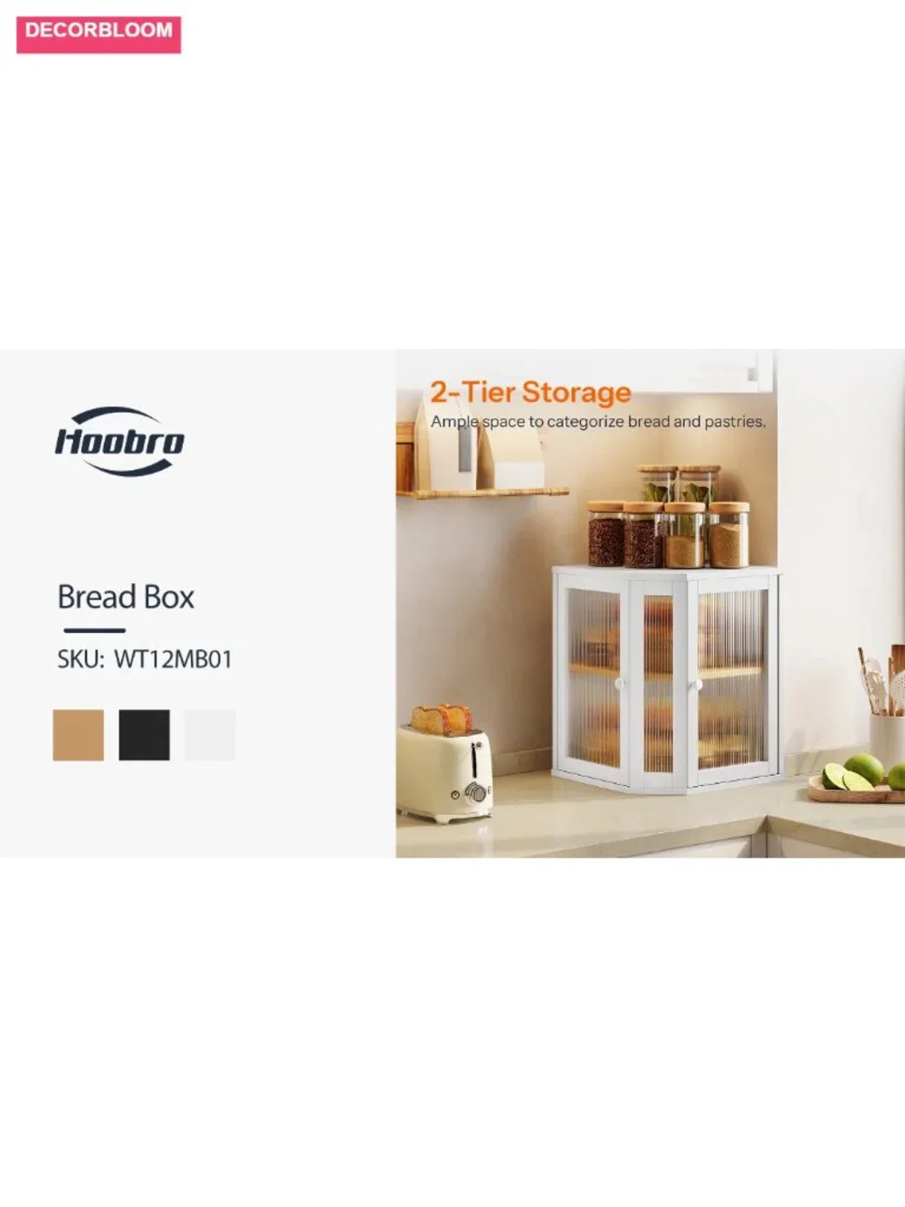 Bamboo 2-Tier Corner Bread Box with Acrylic Doors for Kitchen Countertop